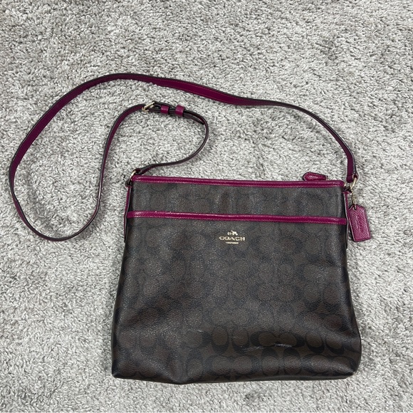 Coach Signature Zip File Coated Canvas Crossbody Purse Bag Brown - Picture 1 of 15